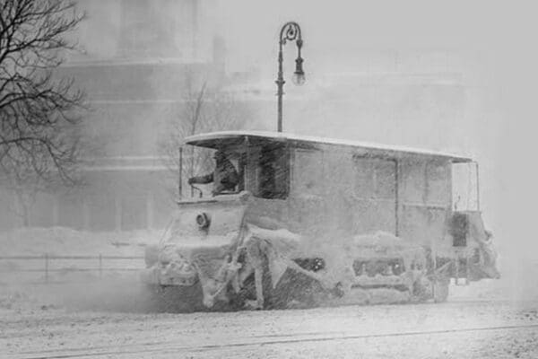 Trolley Snowplow Pushes ahead in heavy snowfall on New York Streets - Art Print