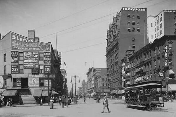 Trolleys & Pedestrians on Main Street in Buffalo