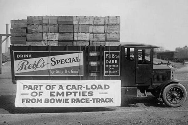 Truck load of empty bottles in boxes from racetrack - Art Print