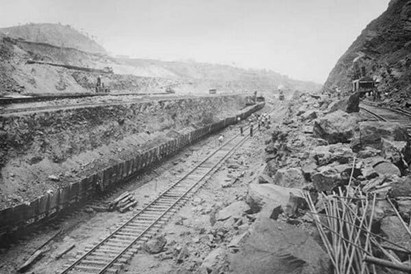 Twin Tracks Loaded with Earth Removed from Panama Canal Bed - Art Print