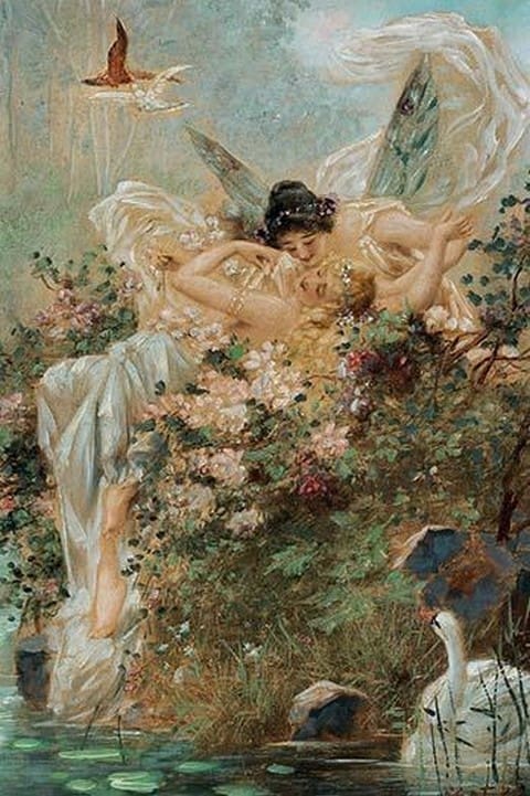 Two Fairies Embracing in a Landscape with a Swan by Hans Zatzka - Art Print