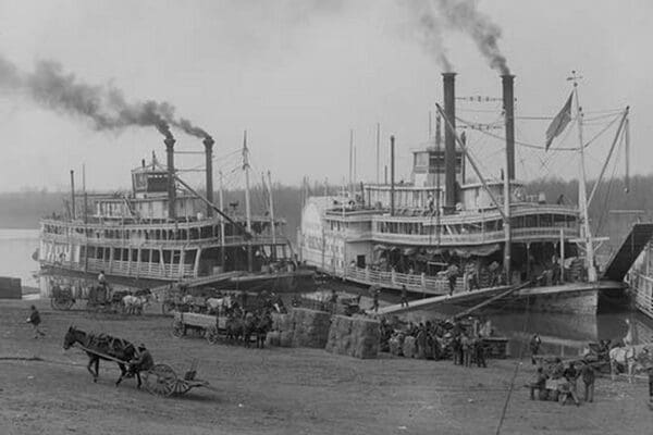 Two Steamboats Along the Levee at the Mississippi River - Art Print