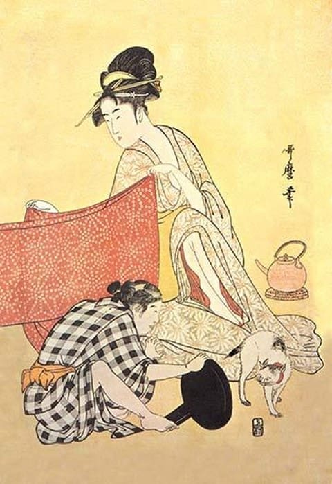 Two Women and a Cat by Utamaro - Art Print