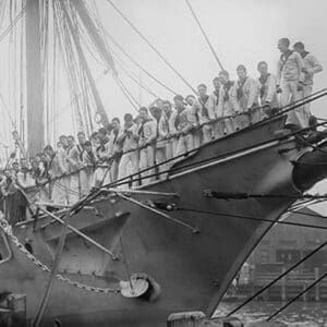 U.S. Navy Sailors on the Newport Training ship lined up on Bowsprit - Art Print