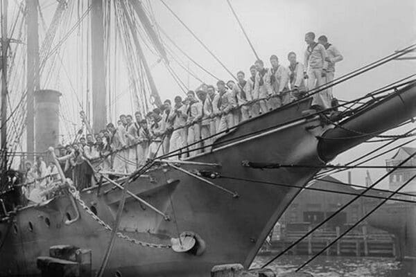 U.S. Navy Sailors on the Newport Training ship lined up on Bowsprit - Art Print