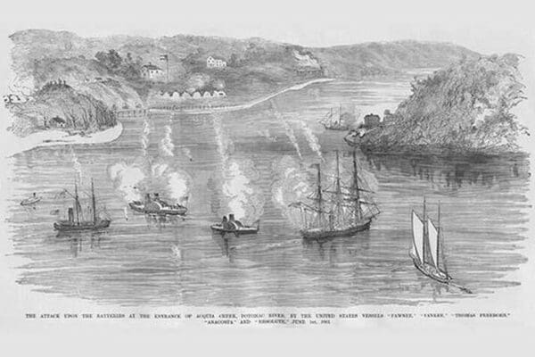 US Naval Bombardment of Southern Batteries at Acquia Creek on the Potomac. by Frank Leslie - Art Print