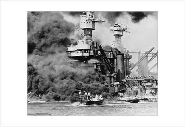 USS West Virginia alight in Pearl Harbor - Art Print