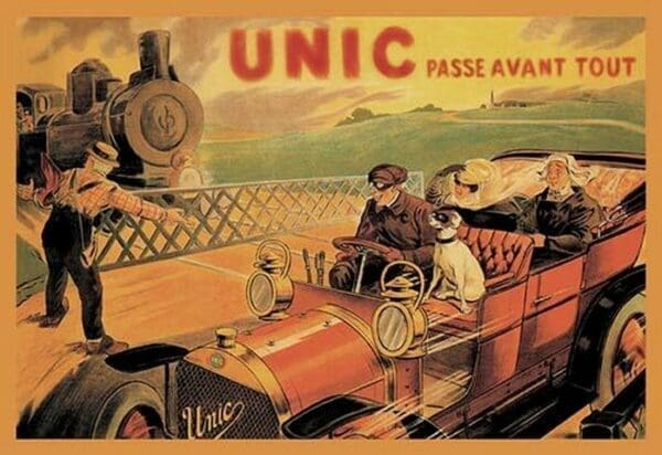 Unic - Racing Across Train Tracks by Charles Delavat - Art Print