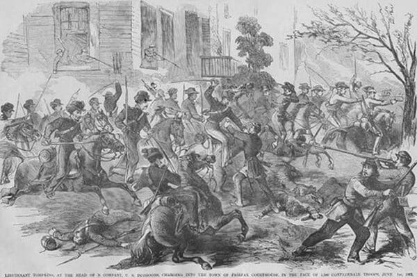 Union Cavalry Charge into Fairfax County Virginia under Tomkins by Frank Leslie - Art Print