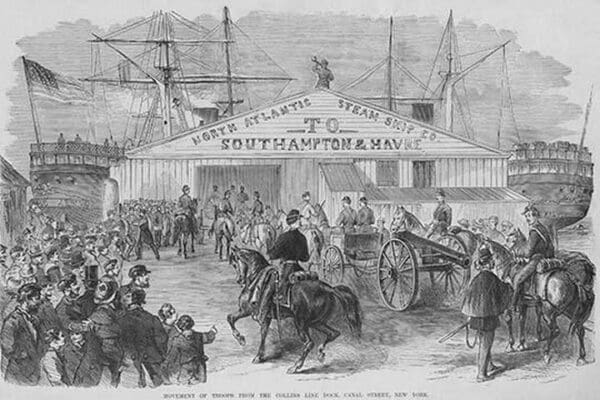 Union troops embark at Canal Street Dock for transportation to the South. by Frank Leslie - Art Print