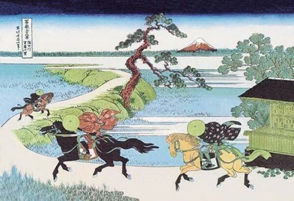 View of Mount Fuji from Horseback by Hokusai - Art Print