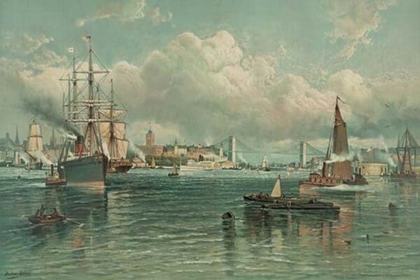 View of New York Harbor with Brooklyn Bridge in background - Art Print