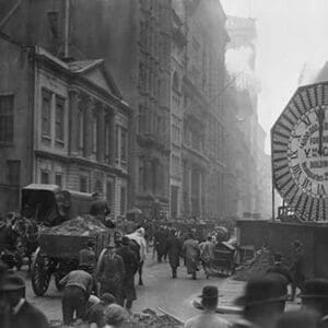 Wagons trundle along Manhattan Streets past a YMCA clock sign - Art Print