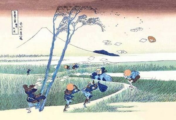 Wind Buffets Travelers in View of Mount Fuji by Hokusai - Art Print