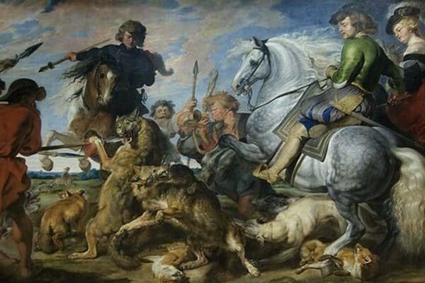Wolf & Fox Hunt by Workshop; Peter Paul Rubens - Art Print