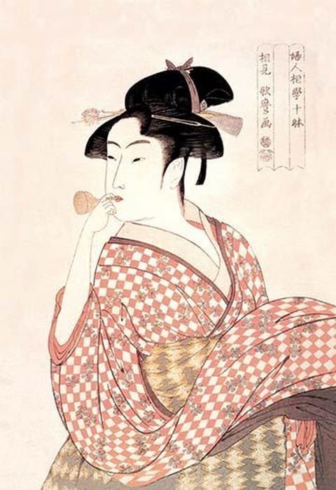 Woman Playing a Poppin by Utamaro - Art Print