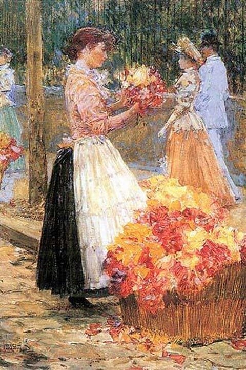 Woman sells flowers by Frederick Childe Hassam - Art Print