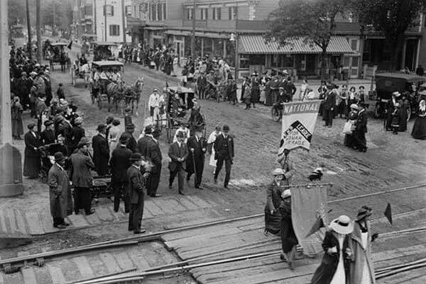 Women and Men march down Long Island Street to gain the Vote - Art Print