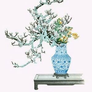 Yamanashi & Takejimayuri (Wild Pear and Lily) in a Blue and white Porcelain Vase by Josiah Conder - Art Print