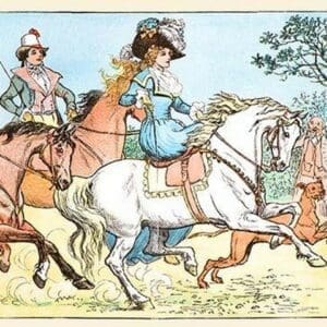 Young Girl Rides a White horse followed by a suitor by Randolph Caldecott - Art Print