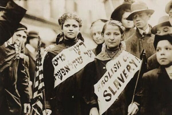 Young Girls Protest Child Labor in New York Rally and carry Yiddish Signs - Art Print