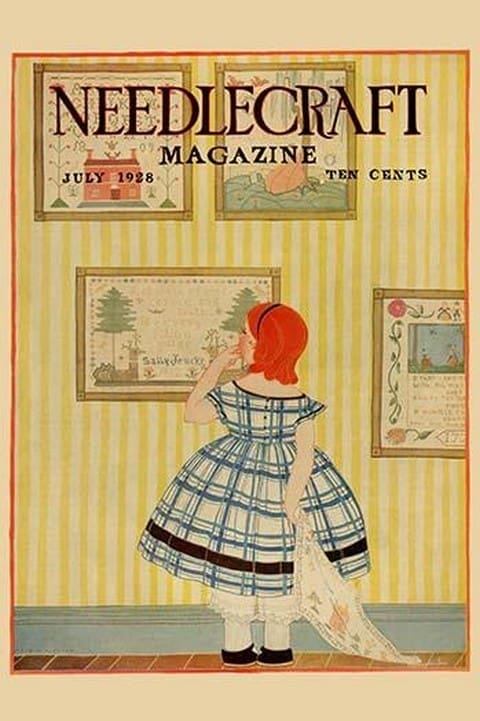 Young girls looks at a selection of old needlepoints on a wall by Needlecraft Magazine - Art Print