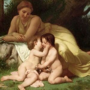 Young woman contemplates two embracing infants by William Bouguereau - Art Print